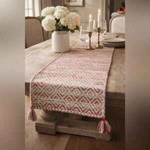 Farmhouse Table Runner 72 Neutral Woven Tassel Cottagecore Tablescape